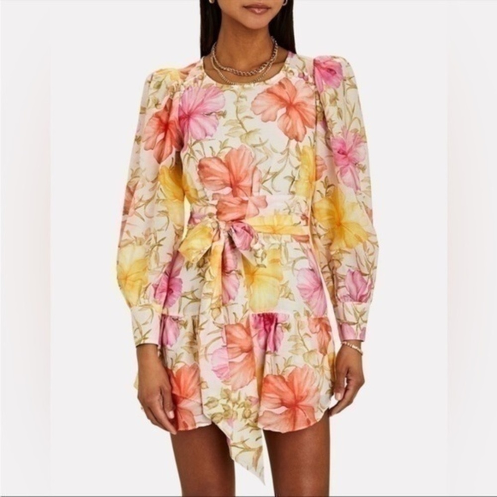 LoveShackFancy Teyana Floral Cotton Silk Mini Summer Yellow Pink Dress Size 8